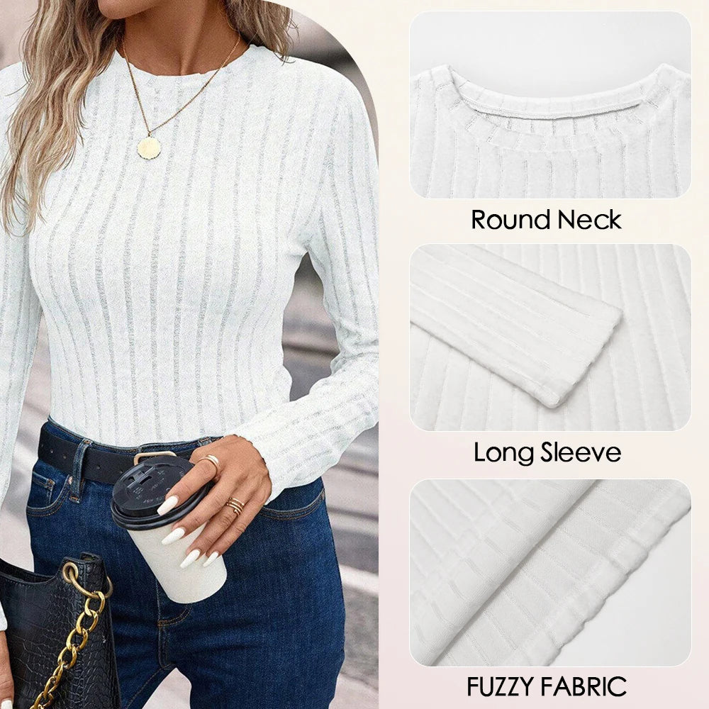 Mia Muse Women's Knitted Long Sleeve T-Shirts Crew Neck Solid Casual Autumn Basic Daily Tops  Women's Blouses Deals