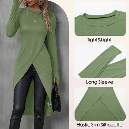 Mia Muse Women's T-Shirts Autumn French Decent Plain Long Sleeve Crew Neck Wrap Long High Street T-Shirts