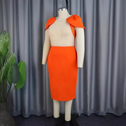 Party Dress for Women Sexy Beaded Sheer Contrast Cloak Sleeve Orange Midi Length Luxury Femme Bodycon Prom Nightclub Outfits