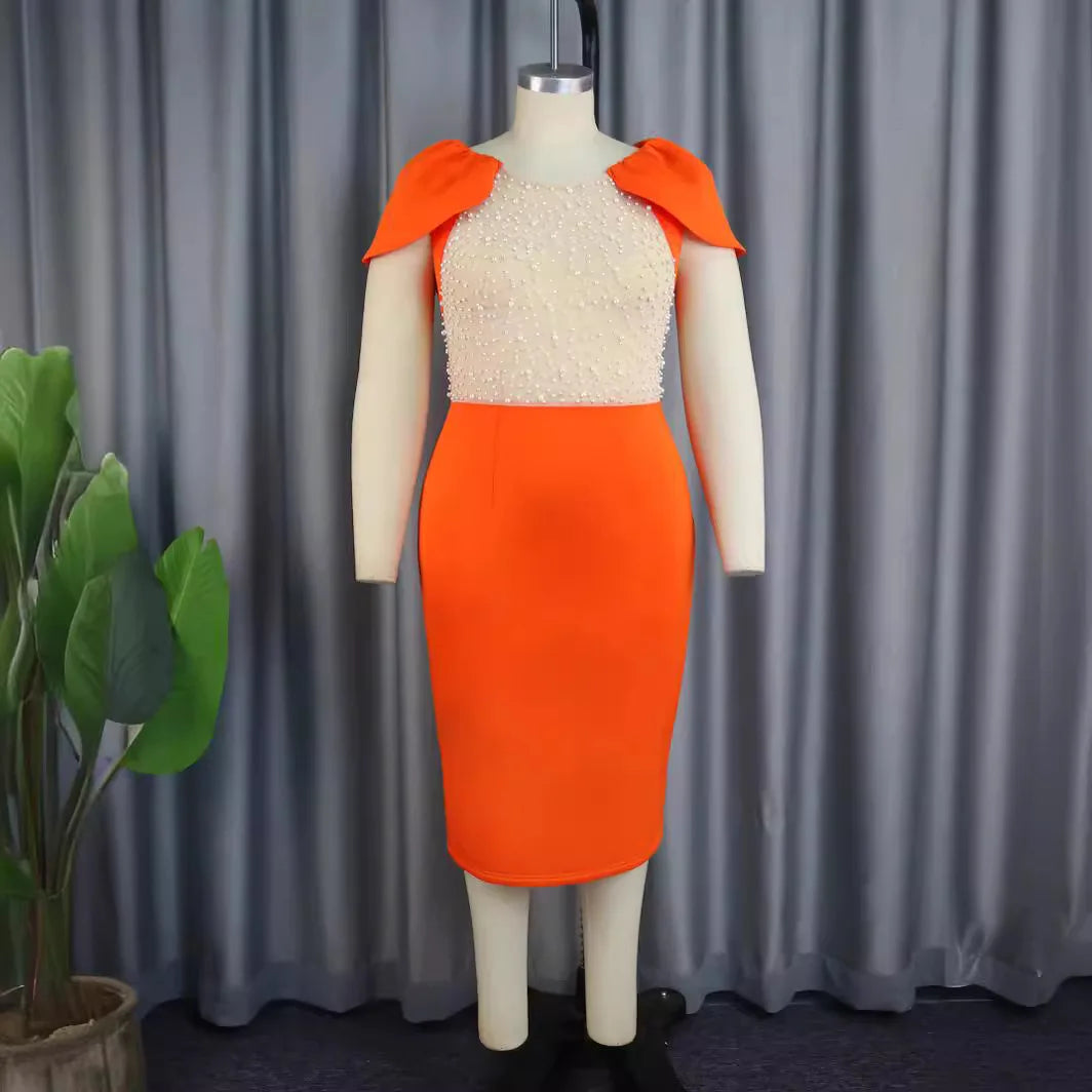 Party Dress for Women Sexy Beaded Sheer Contrast Cloak Sleeve Orange Midi Length Luxury Femme Bodycon Prom Nightclub Outfits