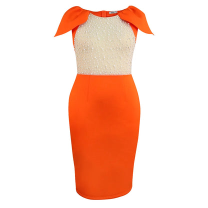 Party Dress for Women Sexy Beaded Sheer Contrast Cloak Sleeve Orange Midi Length Luxury Femme Bodycon Prom Nightclub Outfits