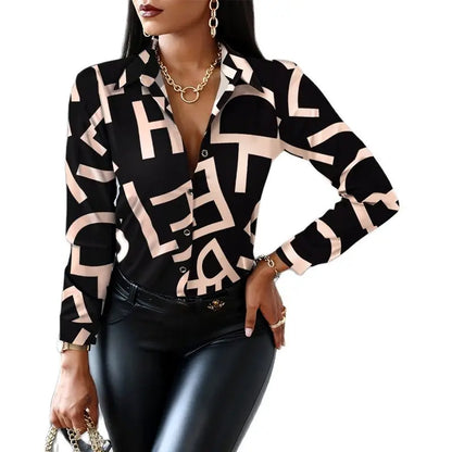2024 Women Fashion Shirt Lady Long Sleeve Blouse Turn-down CollarButton Design Print  Casual Shirts