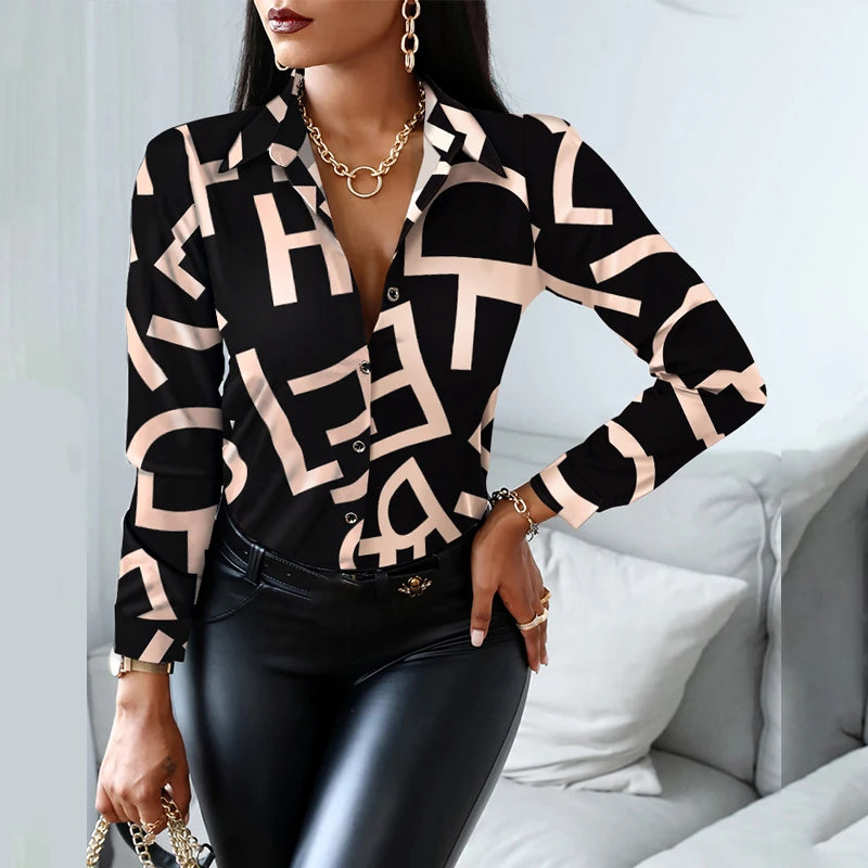 2024 Women Fashion Shirt Lady Long Sleeve Blouse Turn-down CollarButton Design Print  Casual Shirts
