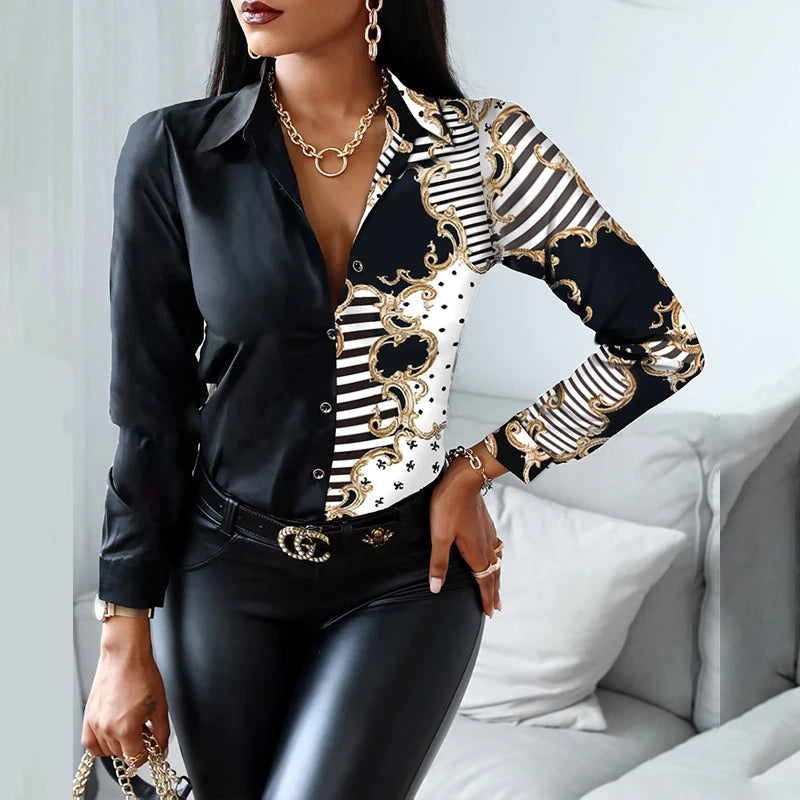 2024 Women Fashion Shirt Lady Long Sleeve Blouse Turn-down CollarButton Design Print  Casual Shirts