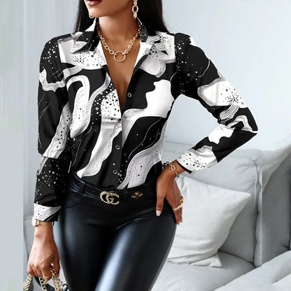 2024 Women Fashion Shirt Lady Long Sleeve Blouse Turn-down CollarButton Design Print  Casual Shirts