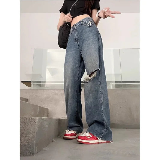 Vintage High-Waisted Wide-Leg Jeans Women's Spring New Loose-Fit Slimming Plus Size Pear-Shaped Body Straight-Leg Pants