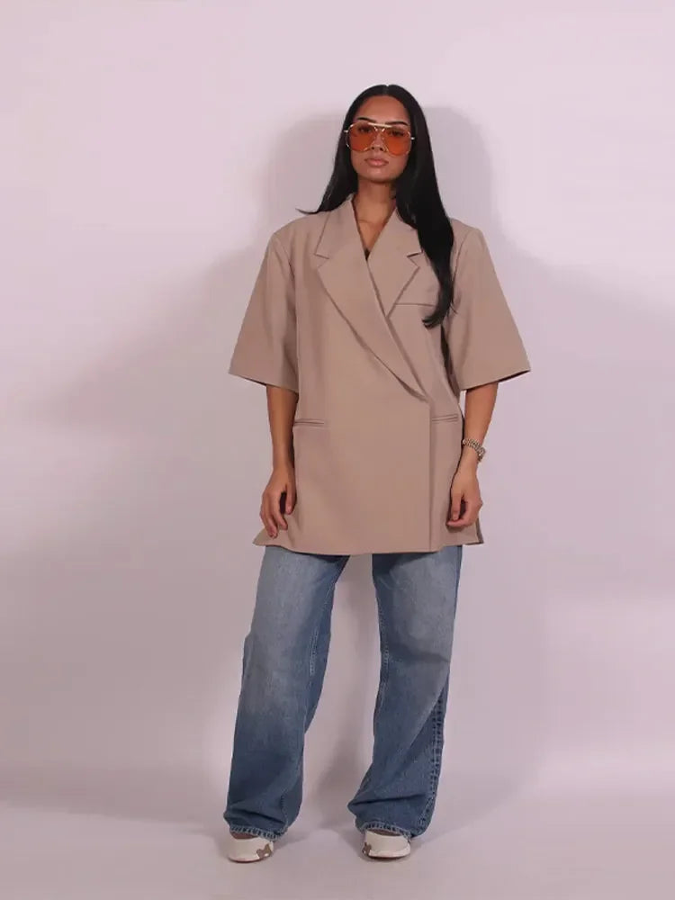 Fashion Lapel Suit Jacket Women Casual Loose Short Sleeve Office Lady Coat 2025 New Chic Autumn Single Button Oversize Jacket