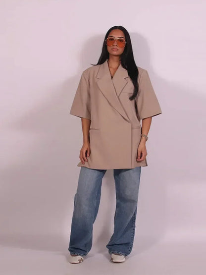 Fashion Lapel Suit Jacket Women Casual Loose Short Sleeve Office Lady Coat 2025 New Chic Autumn Single Button Oversize Jacket