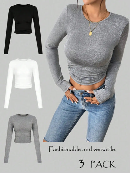 Women's 3-Piece Crew Neck Long Sleeve T-Shirt Set, Casual Daily Tops for All Seasons