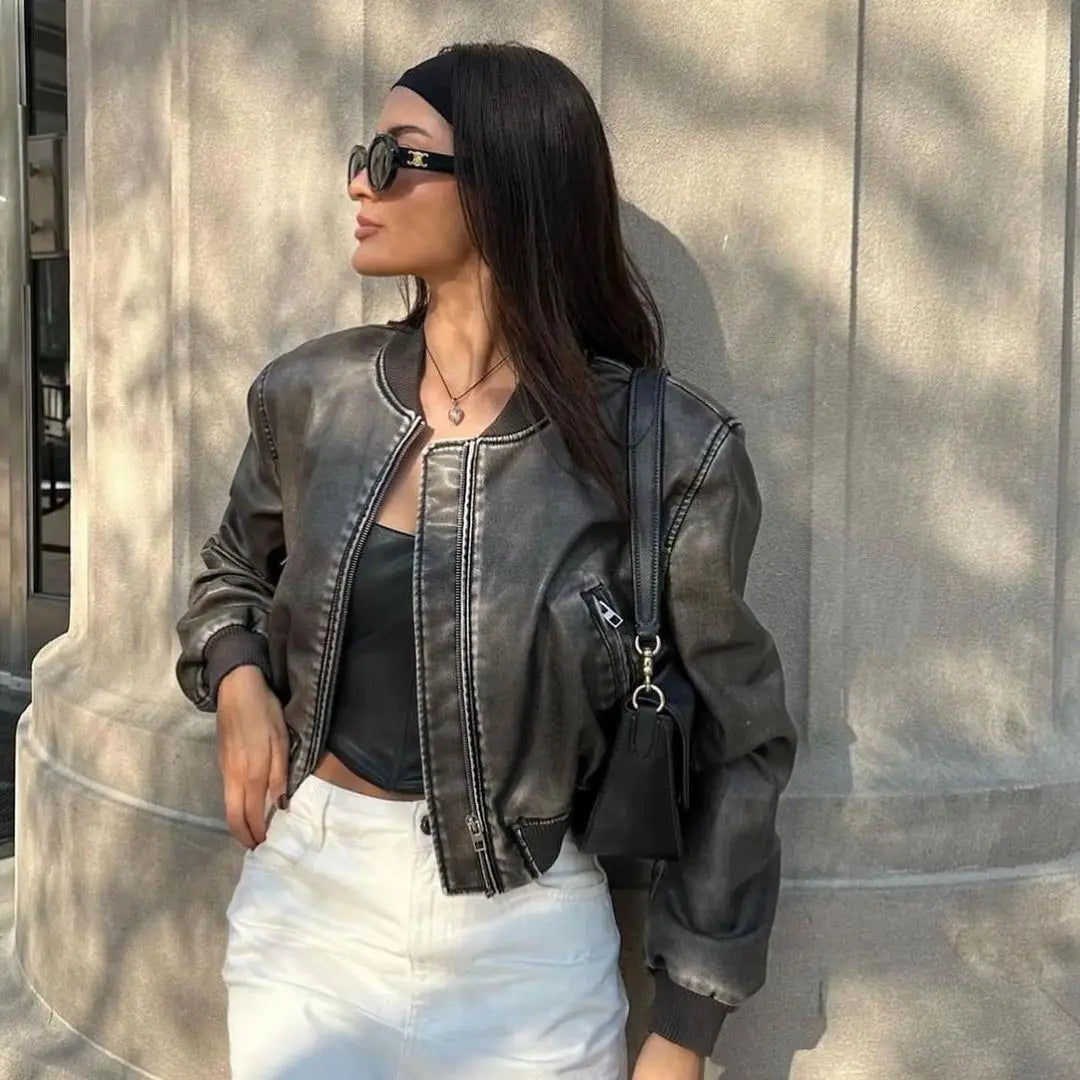 RARF Women Washed Leather Loose Jacket Vintage Stand Collar Gradient Zipper Short Coat Spring Lady Locomotive Style Chic Coat