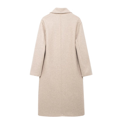 TRAFZA Winter Coat For Women 2024 Solid Lapel Double Breasted Long Cardigan Top Female Pokcet Streetwear Woman New In OuterCoat