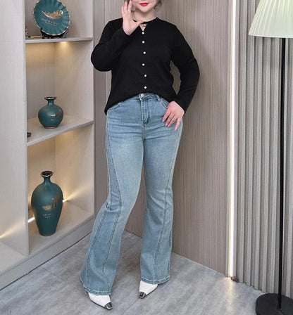Plus Size Women's High Waisted Slim Flared Jeans 2025 Spring Stretch Denim Pants Curvy Premium Slimming & Lengthening Design