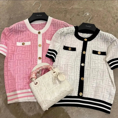 Ice Silk Knitted Sweater Cardigan Women's 2025 Summer New Short-sleeved Hollow Out Korean Style Office Lady Chic Top