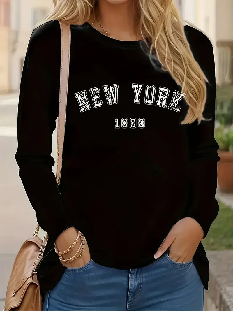 Casual Crew Neck T-Shirt New York Letter Print 90s Long Sleeve Crew Neck T Shirt for Women Y2k Top Tee