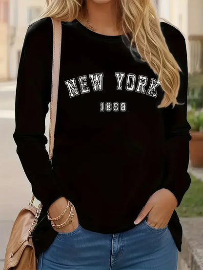 Casual Crew Neck T-Shirt New York Letter Print 90s Long Sleeve Crew Neck T Shirt for Women Y2k Top Tee