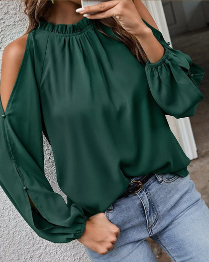 Fashion lotus leaf pleat semi high neck off shoulder hollowed out long sleeved top spring autumn women's elegant temperament top
