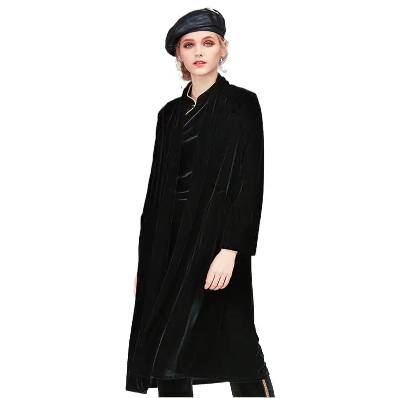 Spring Autumn Women Elegant Velvet Trench Coat Office Lady Fashion Open Stitch Coat Solid Velour Overcoat long jacket women 2025