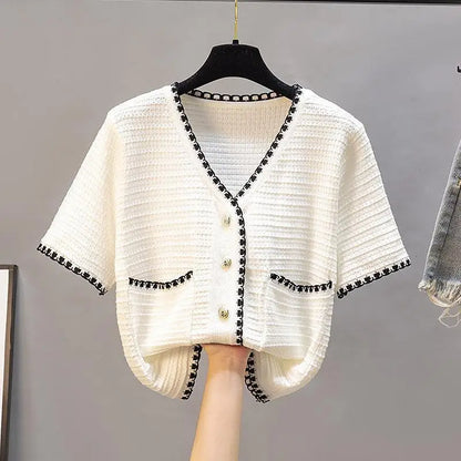 Ice Silk Knitted Sweater Cardigan Women's 2025 Summer New Short-sleeved Hollow Out Korean Style Office Lady Chic Top