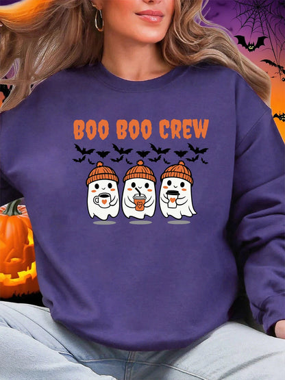 Boo Boo Crew Ghost Prints Halloween Sweatshirt Women Winter Fleece Warm Hoodies Crewneck Loose Pullovers Casual Soft Clothes