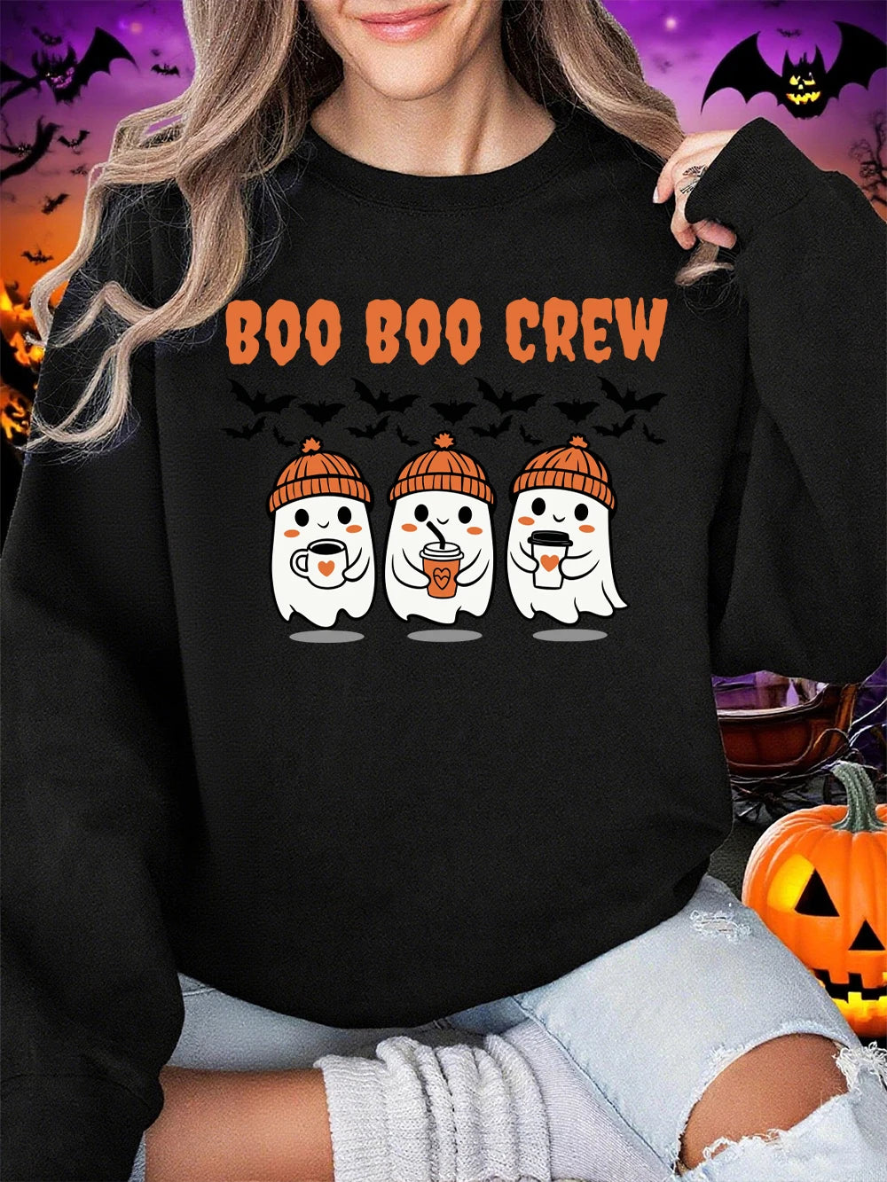 Boo Boo Crew Ghost Prints Halloween Sweatshirt Women Winter Fleece Warm Hoodies Crewneck Loose Pullovers Casual Soft Clothes