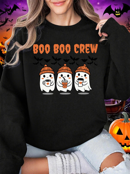 Boo Boo Crew Ghost Prints Halloween Sweatshirt Women Winter Fleece Warm Hoodies Crewneck Loose Pullovers Casual Soft Clothes
