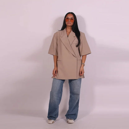 Fashion Lapel Suit Jacket Women Casual Loose Short Sleeve Office Lady Coat 2025 New Chic Autumn Single Button Oversize Jacket