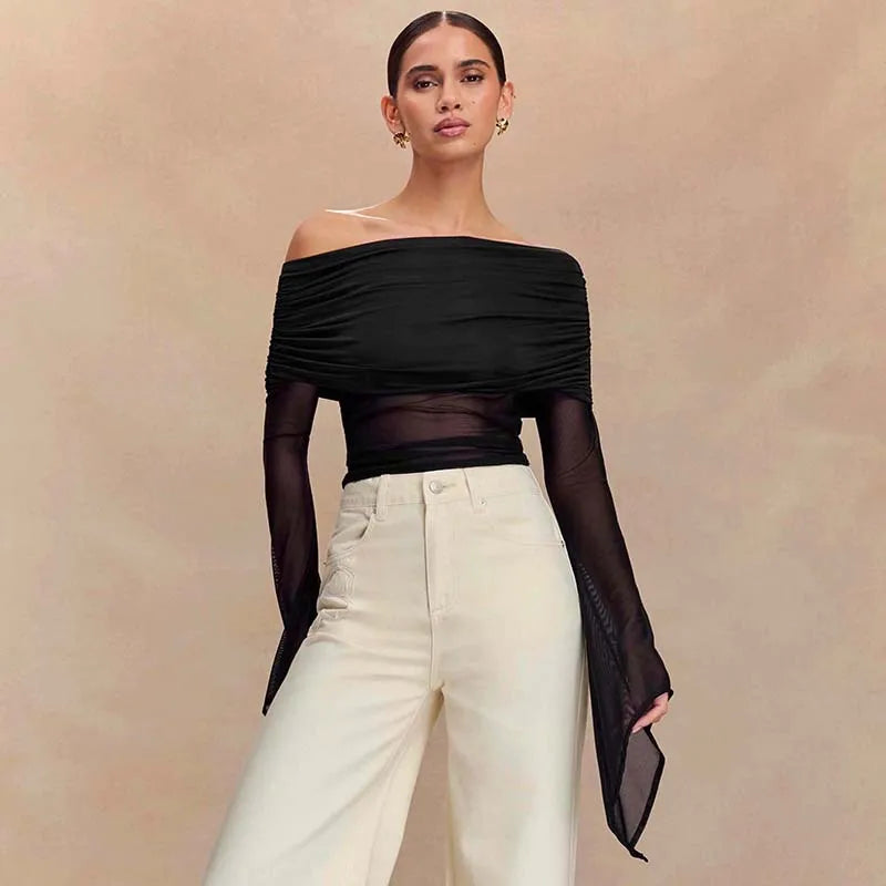 Off Shoulder Autumn Female's T-Shirt Solid Color Asymmetric Slash Neck Patchwork Women's Top Sexy Long Sleeve T-Shirt For Lady