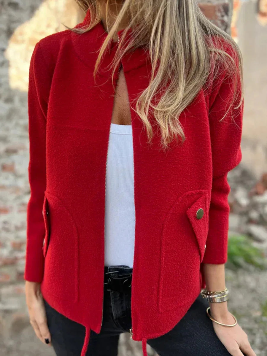 New Casual Zipper Cardigan Wool Jacket For Women's 2025 New Fashion Stand Collar Tether Pocket Loose Versatile Female Wool Coat