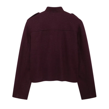 TRAFZA Women Vintage Wine Red Coat O Neck Long Sleeve Single Breasted Jacket With Pockets Autumn Casual Office Lady Outerwear