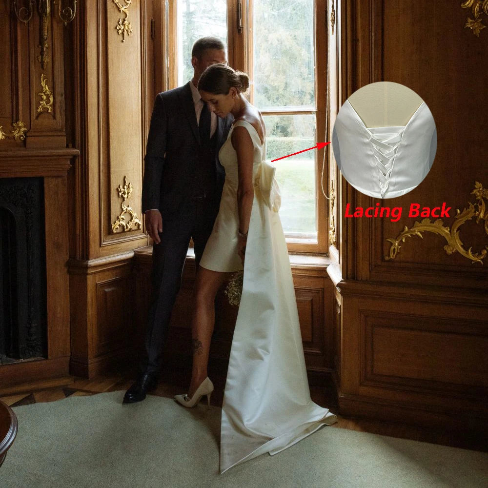 DREAM Customized Short Mini Satin V Neck Bridal Gown Large Bow Open Back Sleeveless Above Knee Length Wedding Party Dress 2025
