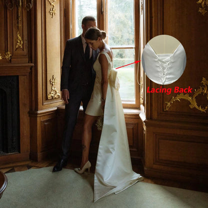 DREAM Customized Short Mini Satin V Neck Bridal Gown Large Bow Open Back Sleeveless Above Knee Length Wedding Party Dress 2025
