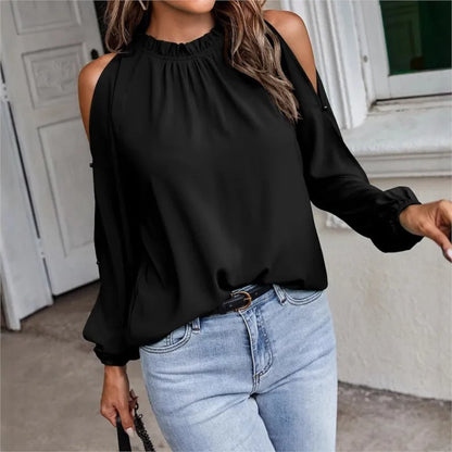 Fashion lotus leaf pleat semi high neck off shoulder hollowed out long sleeved top spring autumn women's elegant temperament top