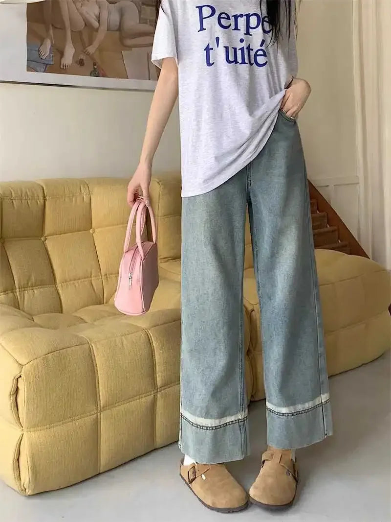 High Waist Straight Leg Jeans Women's plus Size Body Slimming Nine Points Wide Leg Pants Fat Sister MM Fashionable Clothing