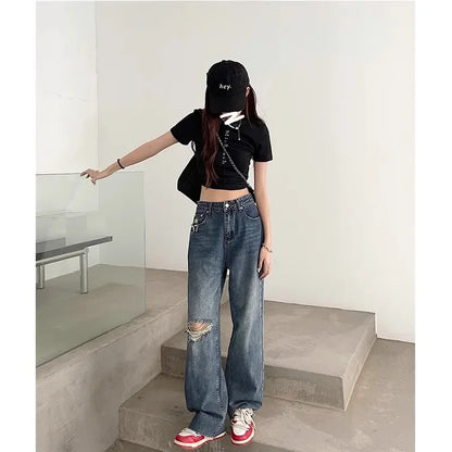 Vintage High-Waisted Wide-Leg Jeans Women's Spring New Loose-Fit Slimming Plus Size Pear-Shaped Body Straight-Leg Pants