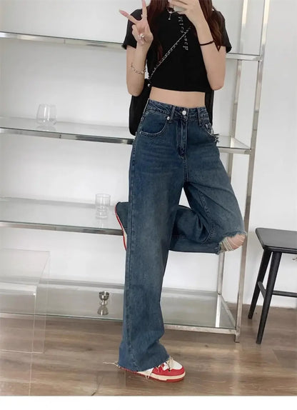Vintage High-Waisted Wide-Leg Jeans Women's Spring New Loose-Fit Slimming Plus Size Pear-Shaped Body Straight-Leg Pants