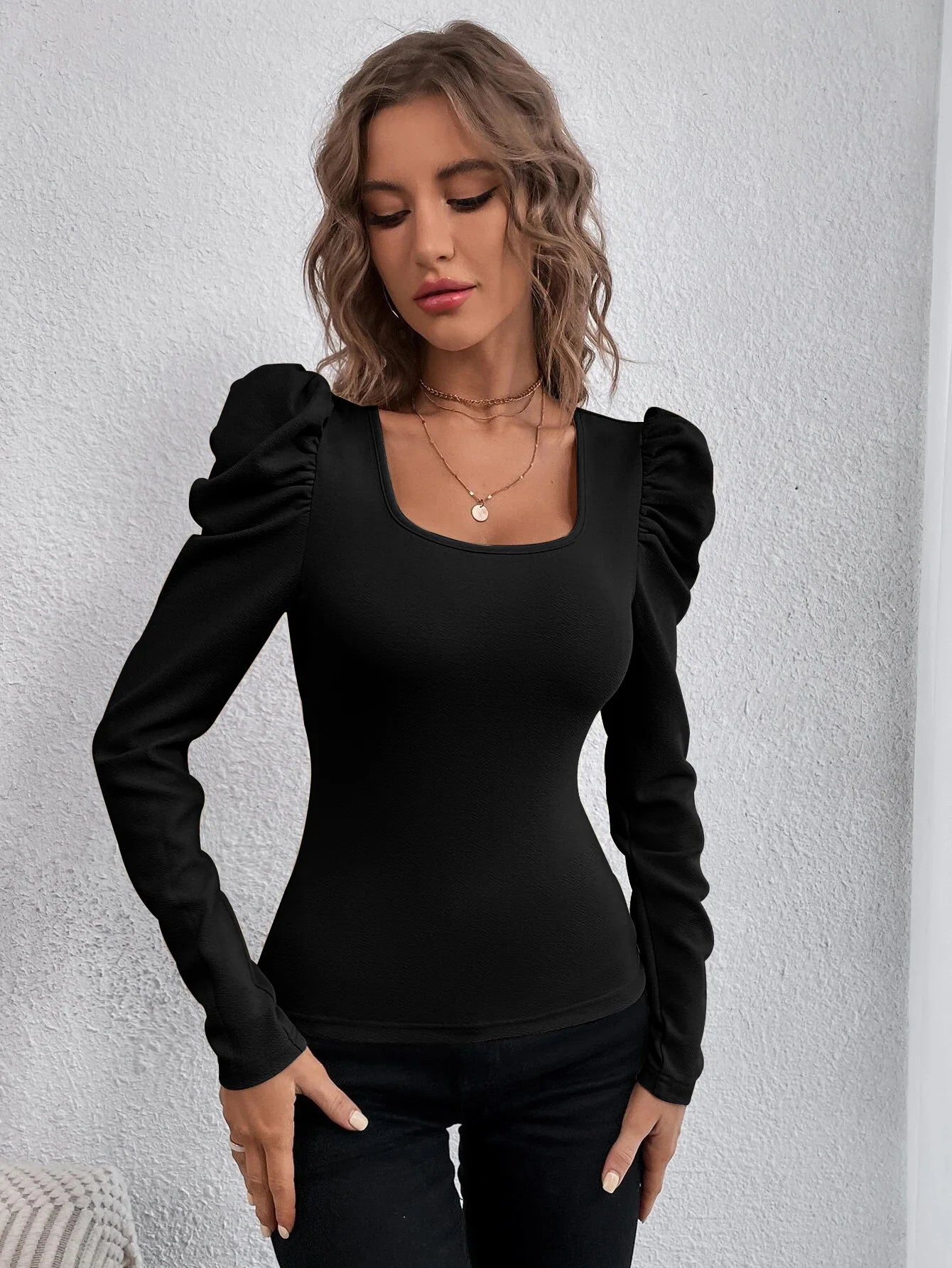 2025 Autumn Winter New Women's Fashion Square Neck Slimming Sheep Leg Sleeve Knitted Long Sleeve T-shirt Commuter Top