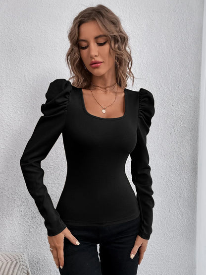 2025 Autumn Winter New Women's Fashion Square Neck Slimming Sheep Leg Sleeve Knitted Long Sleeve T-shirt Commuter Top