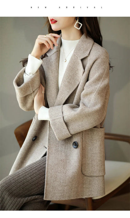 New Elegant Women Mid-length Woolen Coats Office Lady Autumn Winter Korean Loose Warm Thick Wool Blend Jackets Female Outerwear