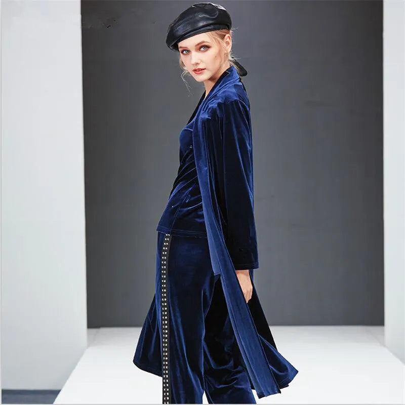 Spring Autumn Women Elegant Velvet Trench Coat Office Lady Fashion Open Stitch Coat Solid Velour Overcoat long jacket women 2025
