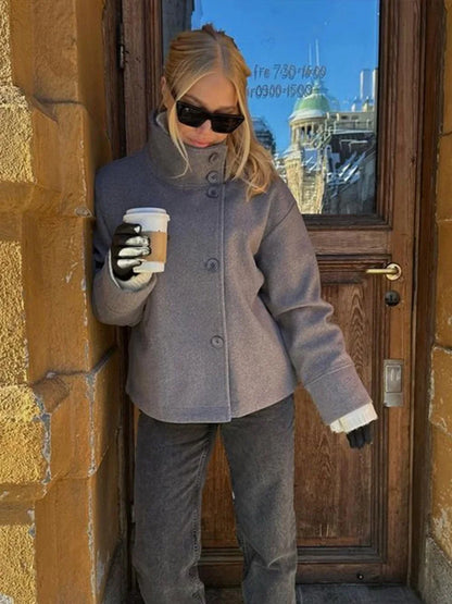 Stand Collar Women Winter Woolen Coats Single Breasted Loose Female Long Sleeve Jacket  Autumn Office Lady Street Short Coat