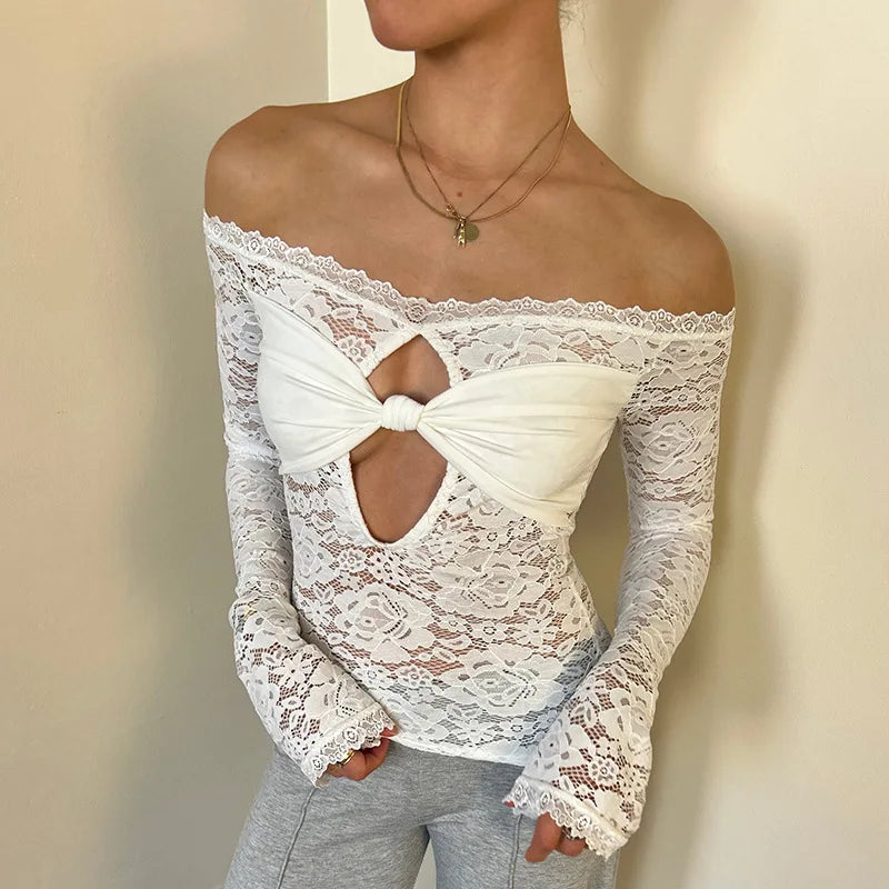 Lace-Trimmed Autumn Women's T-Shirt Off-Shoulder Hollow Out Contrast Panels Crop Top For Female Sexy Cropped Lady's Clothing