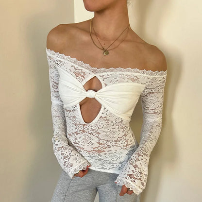 Lace-Trimmed Autumn Women's T-Shirt Off-Shoulder Hollow Out Contrast Panels Crop Top For Female Sexy Cropped Lady's Clothing