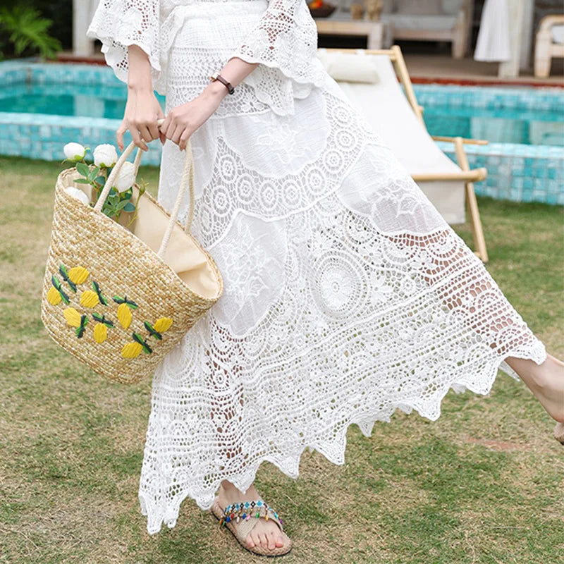 Boring Honey French Retro Classical Skirts Hollow Out Knitting Big Swing Skirt Summer New Fashion All-Match High Waist Dress