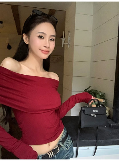 Sexy Tops Off Shoulder Long Sleeve Crop Top Women's Autumn/Winter 2024 New Spicy Girl Slim Fit Short Red T-shirt