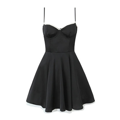 European and American style French niche slim fit suspender dress women's summer satin three-layer three-dimensional steel ring
