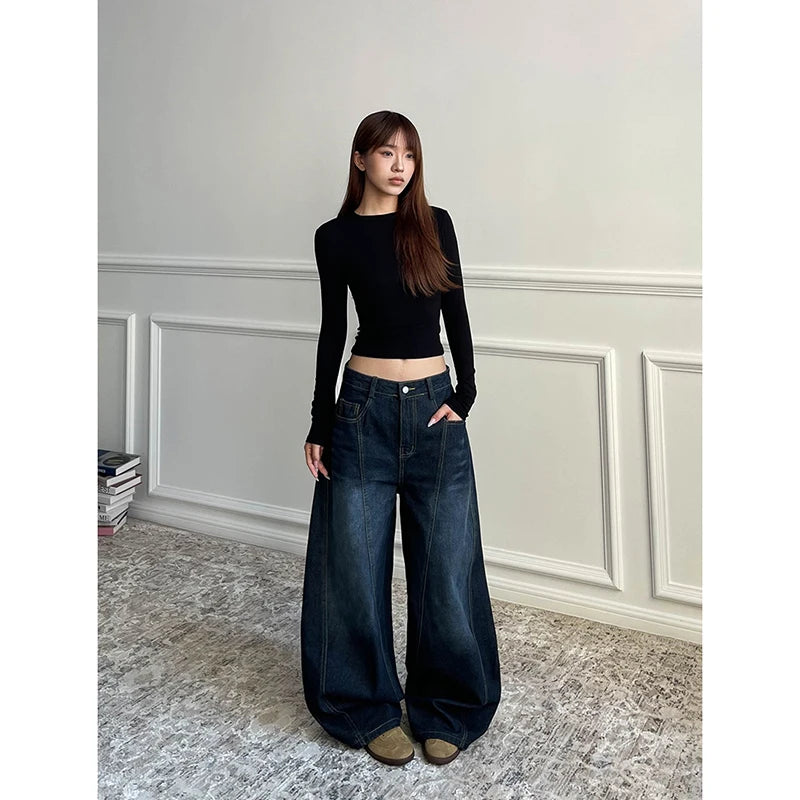 Blue Women's Retro Y2K 2000s Wide Leg Baggy Casual Denim Trouser High Waist Loose Jeans 2024 Autumn Harajuku Full Length Pants