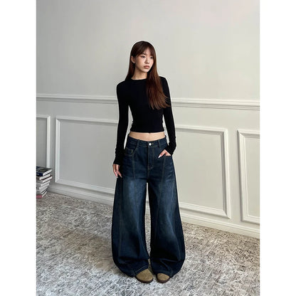 Blue Women's Retro Y2K 2000s Wide Leg Baggy Casual Denim Trouser High Waist Loose Jeans 2024 Autumn Harajuku Full Length Pants