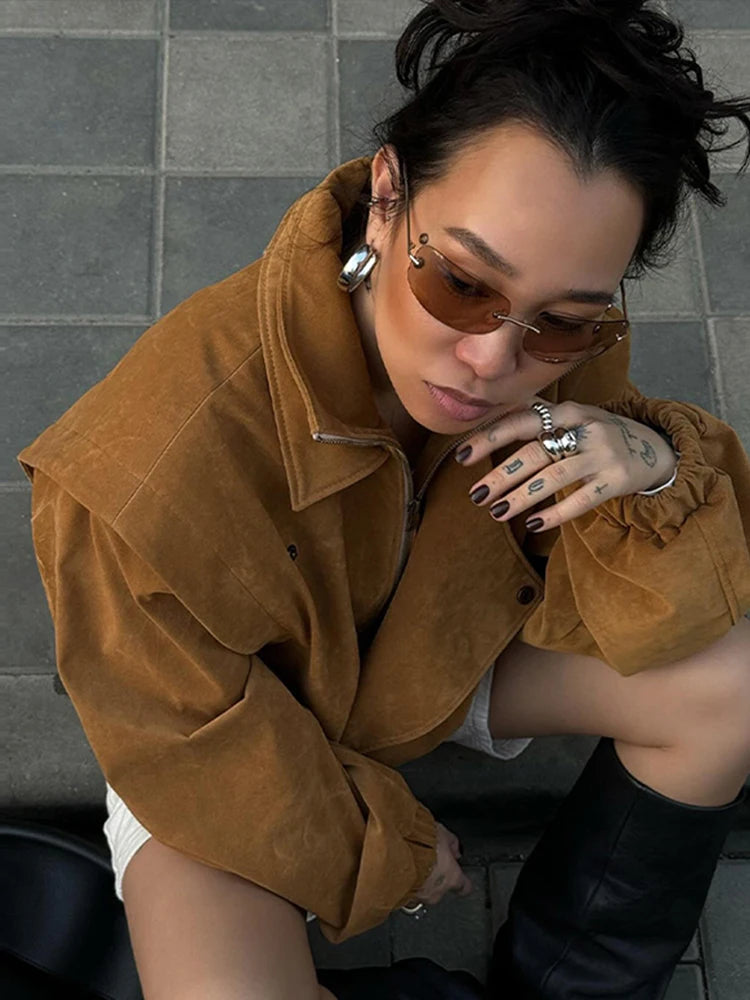 Locomotive Lapel Suede Jacket Women Lantern Long Sleeve Loose Fitting Patchwork Pilot Coats New Early Autumn Cool Girl Outerwear