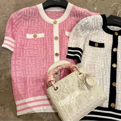 Ice Silk Knitted Sweater Cardigan Women's 2025 Summer New Short-sleeved Hollow Out Korean Style Office Lady Chic Top