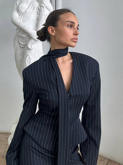 TARUXY Striped Print V-neck Ribbon Suit Coat For Women Long Sleeve Buttons Office Lady Top Elegant Female New Blazer Outwear
